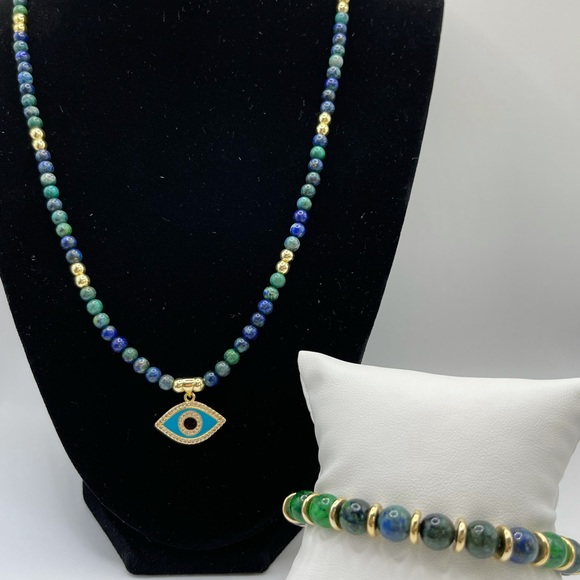 Azurite necklace with evil eye charm. - Picture 5 of 7